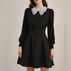 black dress with white collar long sleeves Fitted Long Sleeve Dress With Stand-Up Collar Black S main image 0